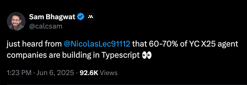 Screenshot of tweet from Sam Bhagwat, founder of Mastra AI